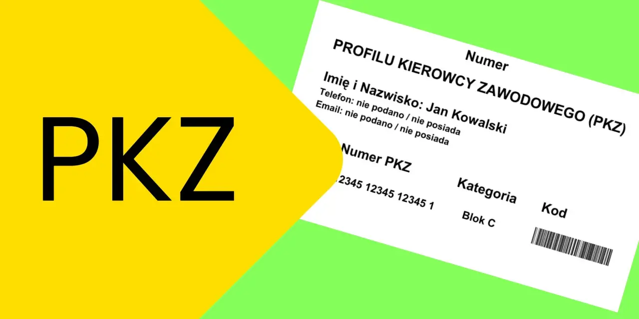 Duży napis PKZ na żółtym tle obok fragmentu dokumentu Profilu Kierowcy Zawodowego.