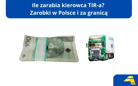 Stos banknotów 100 zł i zielona ciężarówka TIR.