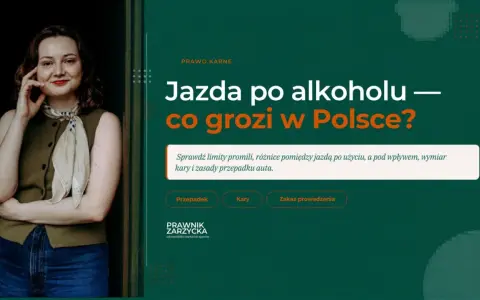 Kobieta w zielonej kamizelce i chustce na szyi, na tle tekstu o jeździe po alkoholu.