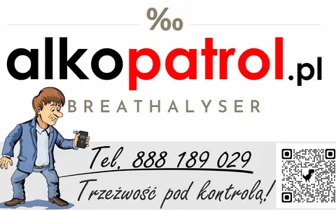 Ilustracja mężczyzny z alkomatem i logo "alkopatrol.pl".