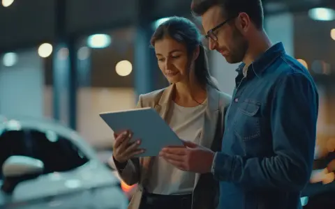 Kobieta i mężczyzna patrzą na tablet, stojąc obok samochodu.