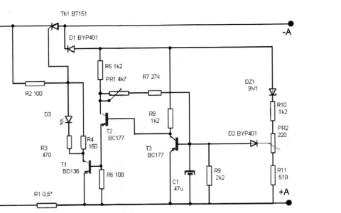 Schemat elektroniczny prostownika z elementami: tranzystory, diody, rezystory, kondensator.