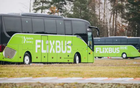Dwa zielone autokary Flixbus stojące na trawiastym terenie.
