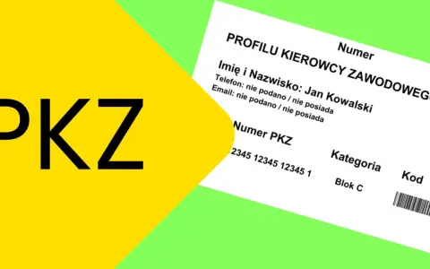 Duży napis PKZ na żółtym tle obok fragmentu dokumentu Profilu Kierowcy Zawodowego.
