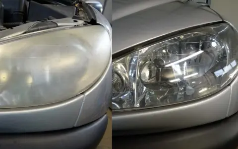 Porównanie: zmatowiony reflektor samochodu obok odnowionego, lśniącego reflektora.