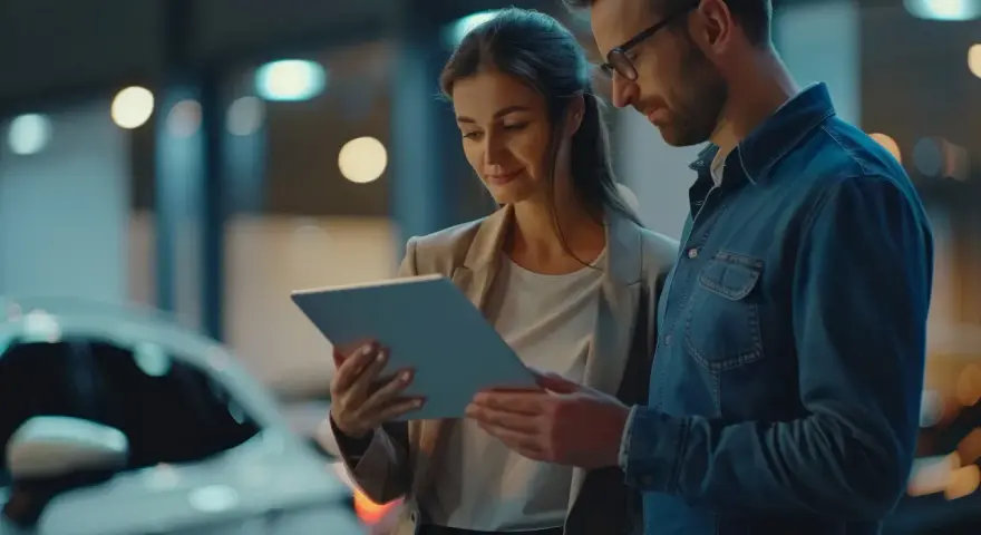 Kobieta i mężczyzna patrzą na tablet, stojąc obok samochodu.