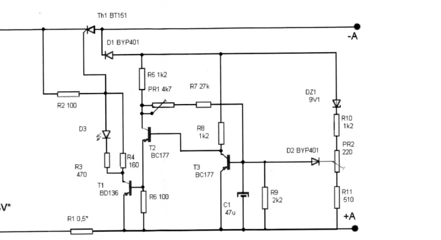 Schemat elektroniczny prostownika z elementami: tranzystory, diody, rezystory, kondensator.