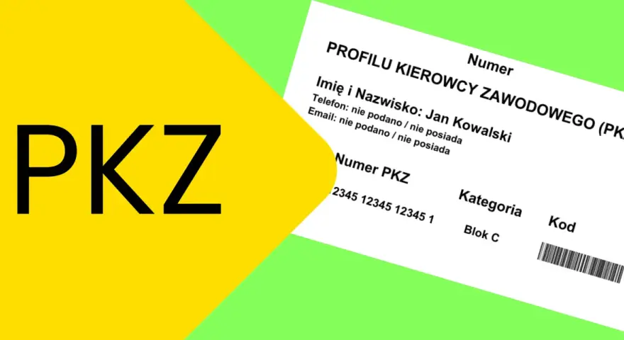 Duży napis PKZ na żółtym tle obok fragmentu dokumentu Profilu Kierowcy Zawodowego.