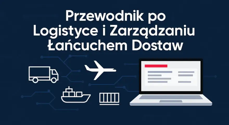 Grafika przedstawia ikonki ciężarówki, samolotu, statku, kontenera i laptopa, symbolizujące spedycję i logistykę.